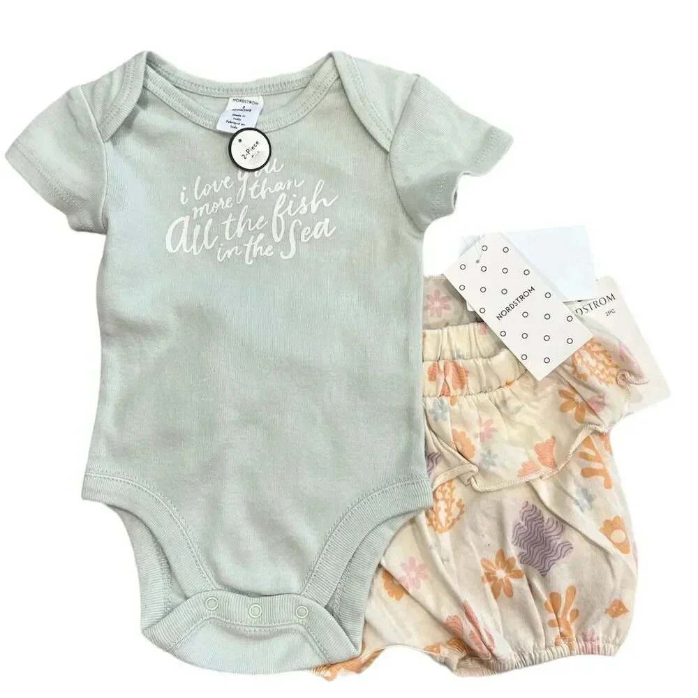 Nordstrom Green Floral Bloomers Set 3m 6m 9m 12m